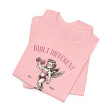 Load image into Gallery viewer, Built Different Cupid Fitness Tee — 'Built Different' Cherub Weightlifting Graphic T-Shirt
