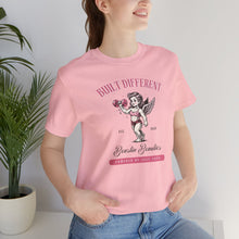 Load image into Gallery viewer, Built Different Cupid Fitness Tee — 'Built Different' Cherub Weightlifting Graphic T-Shirt
