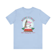 Load image into Gallery viewer, Merry FITMAS and a Happy New Rear Snowglobe Unisex Tee - Holiday Fitness Shirt for Gym Lovers