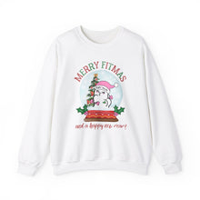 Load image into Gallery viewer, Merry Fitmas and a Happy New Rear Snowglobe Unisex Crewneck Sweatshirt - Festive Holiday Sweatshirt for All Occasions