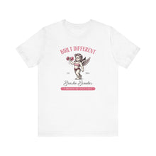 Load image into Gallery viewer, Built Different Cupid Fitness Tee — 'Built Different' Cherub Weightlifting Graphic T-Shirt