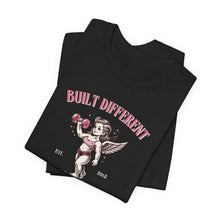 Load image into Gallery viewer, Built Different Cupid Fitness Tee — 'Built Different' Cherub Weightlifting Graphic T-Shirt