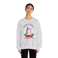 Load image into Gallery viewer, Merry Fitmas and a Happy New Rear Snowglobe Unisex Crewneck Sweatshirt - Festive Holiday Sweatshirt for All Occasions