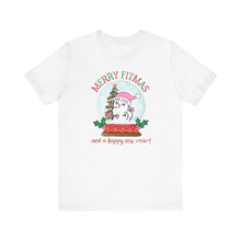 Load image into Gallery viewer, Merry FITMAS and a Happy New Rear Snowglobe Unisex Tee - Holiday Fitness Shirt for Gym Lovers