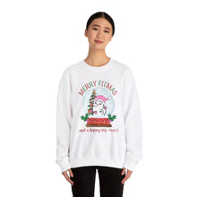 Load image into Gallery viewer, Merry Fitmas and a Happy New Rear Snowglobe Unisex Crewneck Sweatshirt - Festive Holiday Sweatshirt for All Occasions